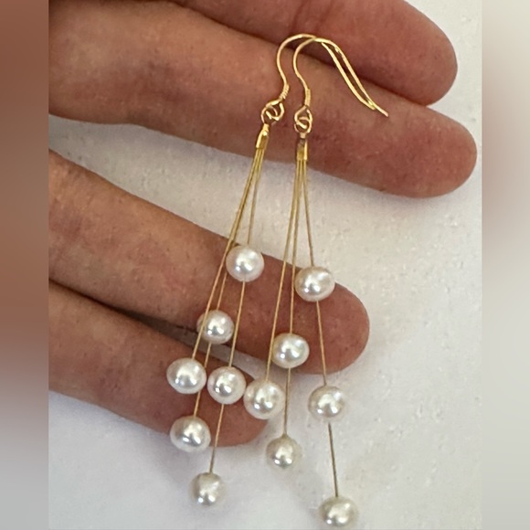 AAA Cultured White Pearl Dangle Earrings-14K GP - Picture 11 of 11